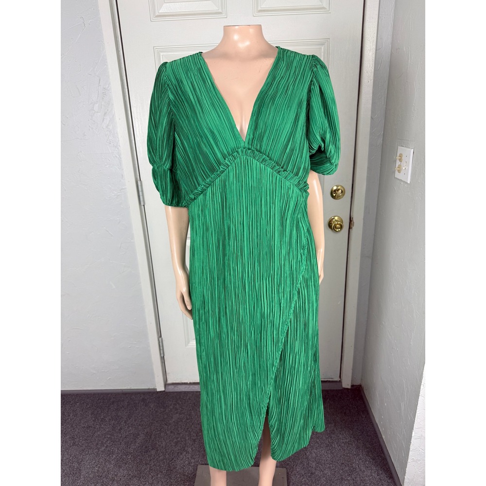 By Anthropologie Women's Dress Small V neck Pleated Midi Crinkle Party K3-14